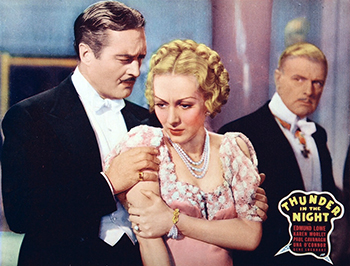 Thunder in the Night: Officer Karl Torok's (Edmund Lowe) best friend, Count Alvinczy (Paul Cavanagh), is elected president of the Hungarian cabinet. Meanwhile, Alvinczy's wife, Madalaine (Karen Morley), receives a message from a blackmailer (Cornelius Keefe), threatening her husband. When the blackmailer winds up dead, Madalaine appears to be the most likely suspect. Torok, however, knows the case is more complicated than it seems, and dedicates himself to revealing the truth behind this complex mystery. 1935